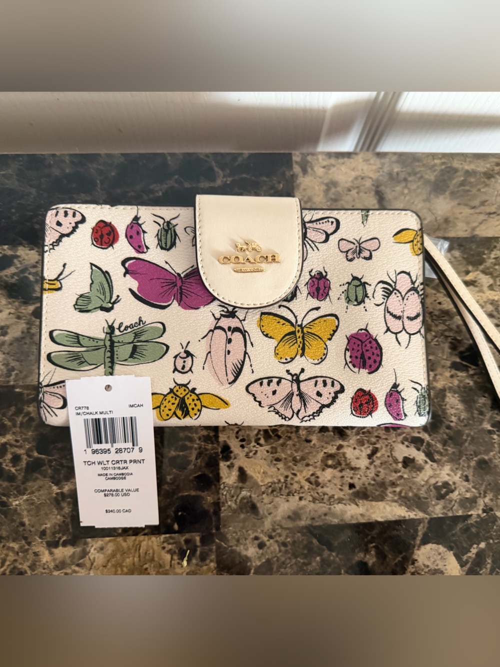 Coach Cream Floral & Butterfly Wristlet with Multicolor Accents